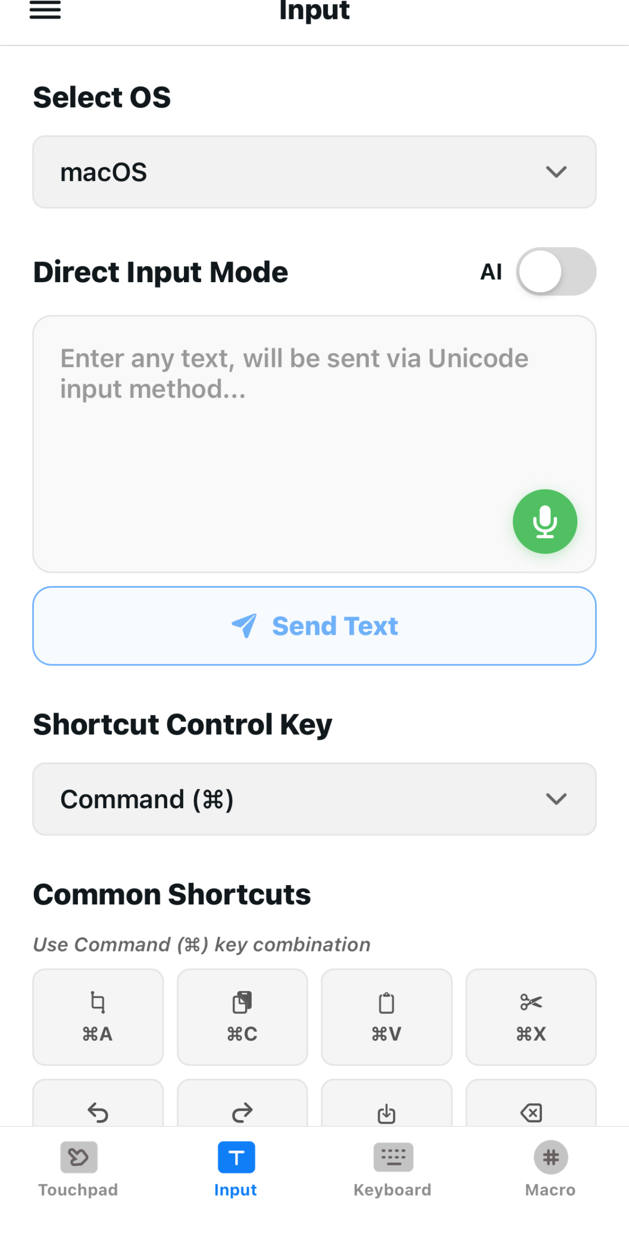Input view: Direct Input Mode, Send Text