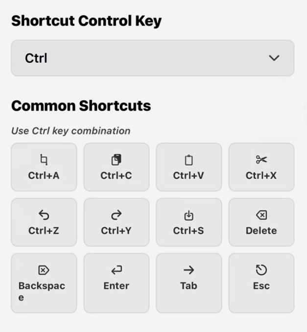 Common Shortcuts panel — 12 keys